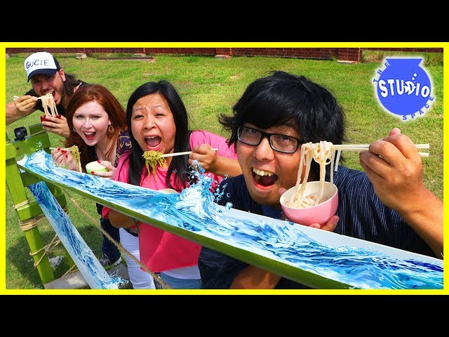NOODLE CHALLENGE WITH DIY JAPANESE BAMBOO NOODLE SLIDE class=