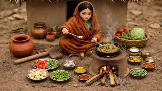 Miniature Doll Village Style After Lunch Calm Doll Washing Utensils Outside A Clay House