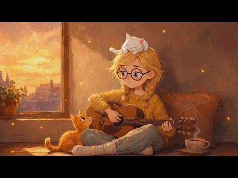 Soft jazz music for relaxation 🎧 Cozy Sunset Ambience with Acoustic Guitar & Cats to Unwind