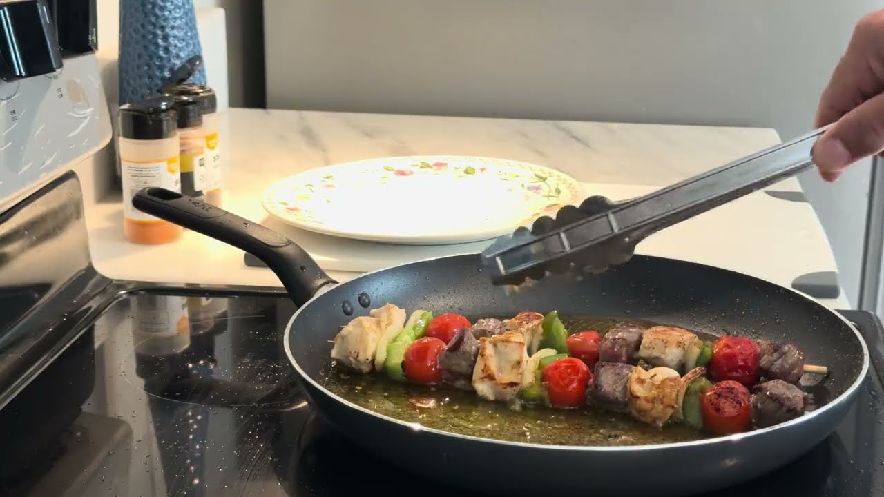ASMR Pan Cooking Session | Listening to Beef & Chicken Kabobs Sizzle and Crackle