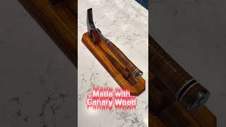 Made a display stand out of beautiful Canary wood for a personalized hammer.#woodworking #woodworker