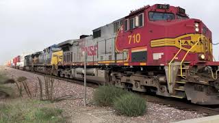 BNSF Warbonnet 710 leads 2 CSX Number 545 and Number 5116 through Modesto!