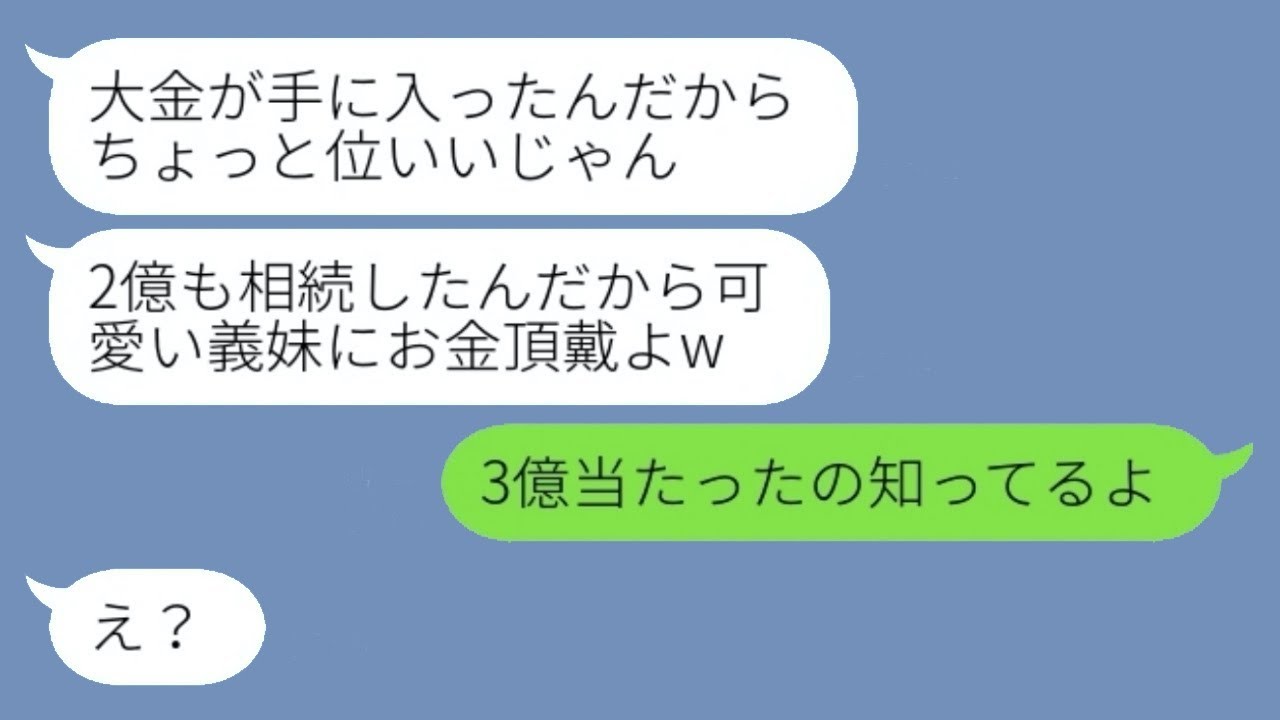 私が相続した2億円の遺産を当てにして1億円も買い物しまくっていた義妹が「支払いは遺産で！」と言ったが、私が「宝くじで3億円当たったこと知ってるよ」と言うと、遺産を隠していた義妹が取り乱した...。
