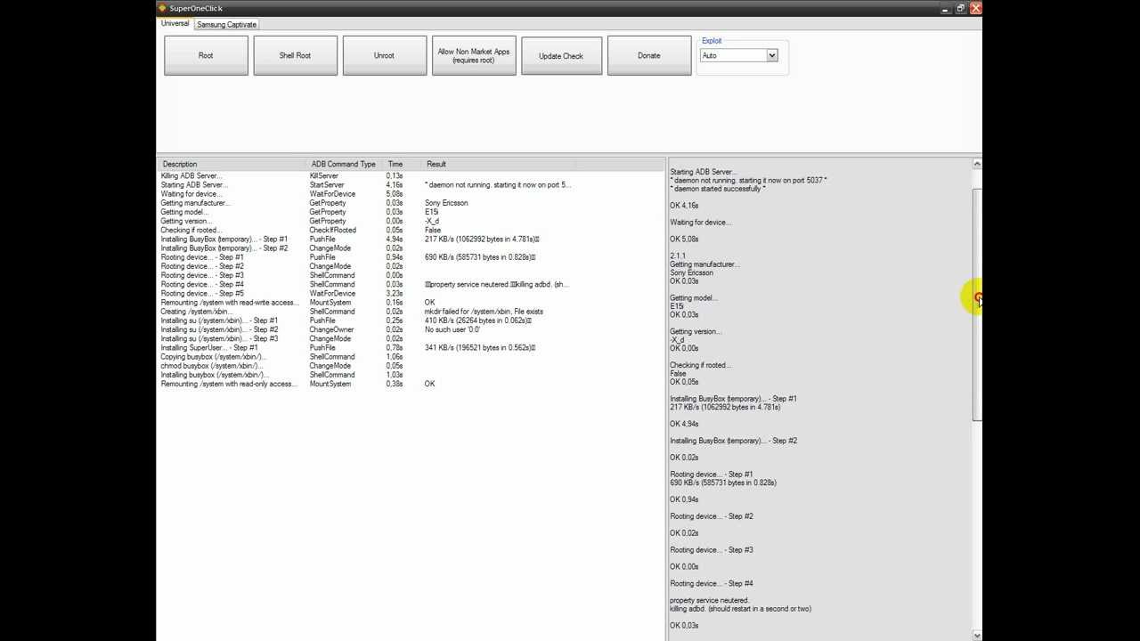 Root SuperOneClick X8, log