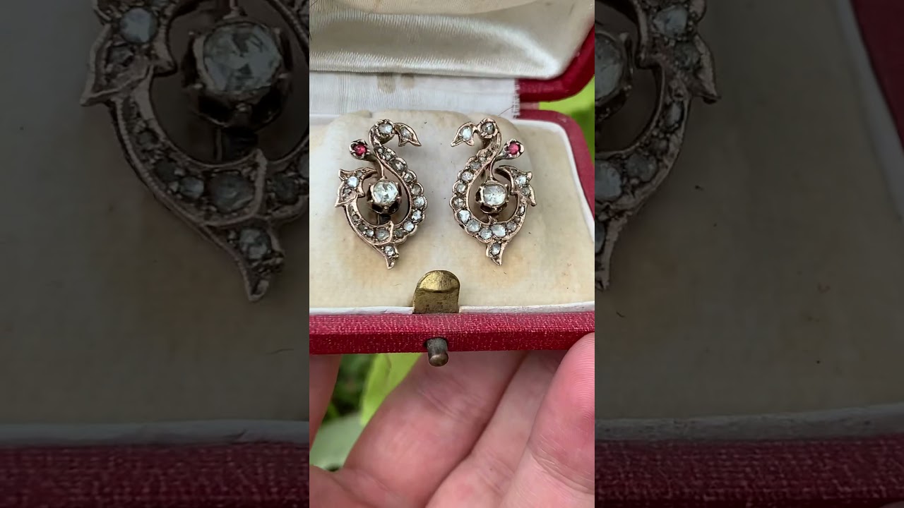 ANTIQUE ORIGINAL 8K GOLD NATURAL ROSE CUT DIAMOND AND RUBY DECORATED CLIMBER STYLE EARRING