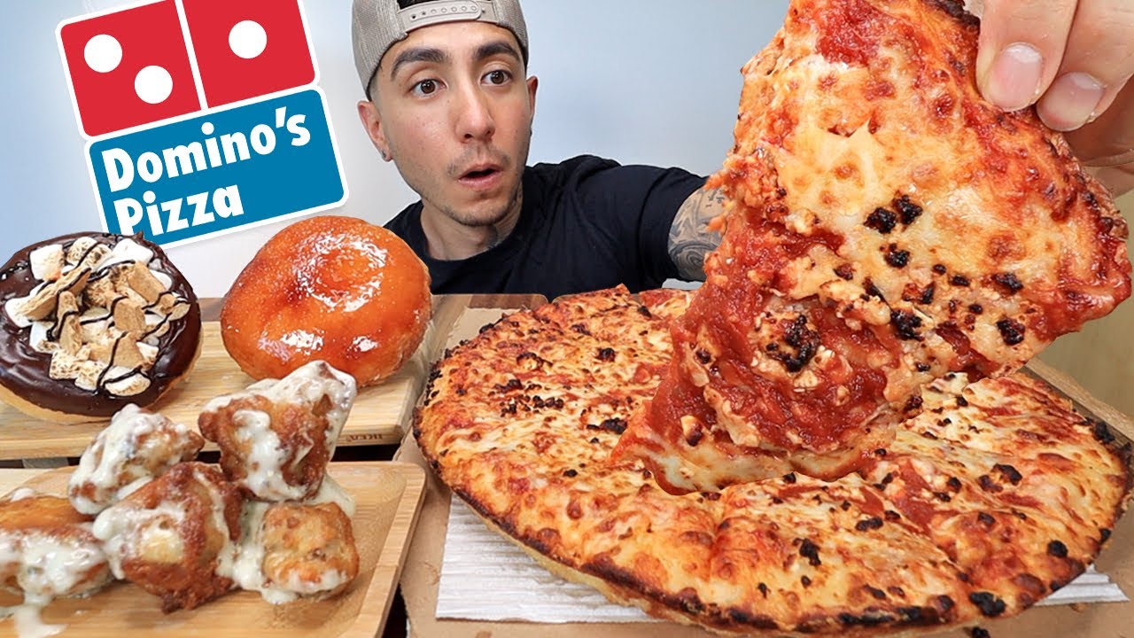 MUKBANG EATING Cheesy Domino's Pan Pizza, Garlic Parmesan Wings, Creme Brûlée Donut, S'mores Donut