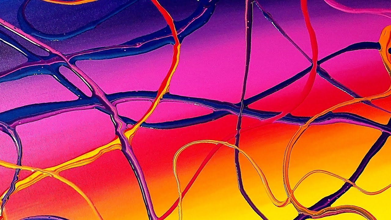 #19- Abstract Sunset Acrylic Painting w/ Textured Ribbon Pour Overlay | Fluid Pouring Art