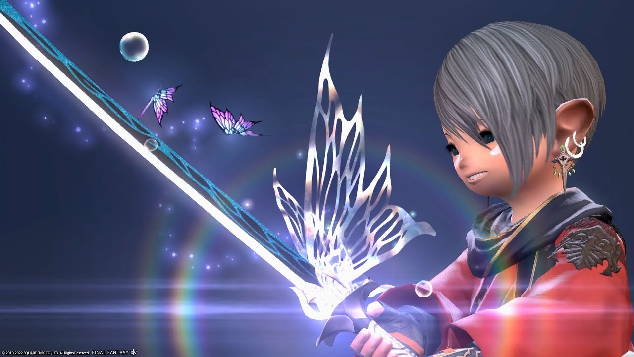 虹とシャボン泡と蝶が舞い3色に光る侍のティターニア武器『妖精刀【改