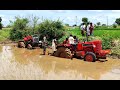 Massey Ferguson and Mahindra 475DI XP Plus tractors stuck in mud Rescued by John Deere 5045D tractor