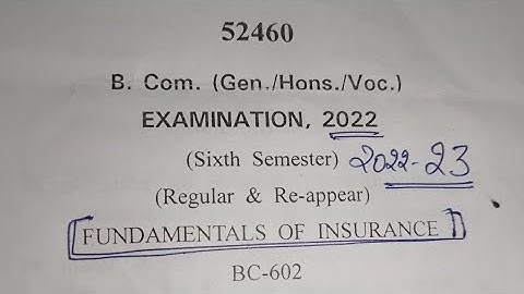 Fundamentals of Insurance Question Paper 2023 for B.com 6th sem paper of Fundamental of insurance