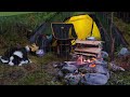 Camping - Rain, Tent, Tarp, Wool Blanket, Campfire and Dog