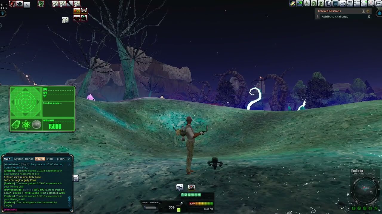 Mining run on Planet Toulan using Ziplex Z20 unamped, Entropia Universe.