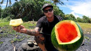 COOKING FISH IN A WATERMELON?? CATCH AND COOK on the beach  how to make a bow drill