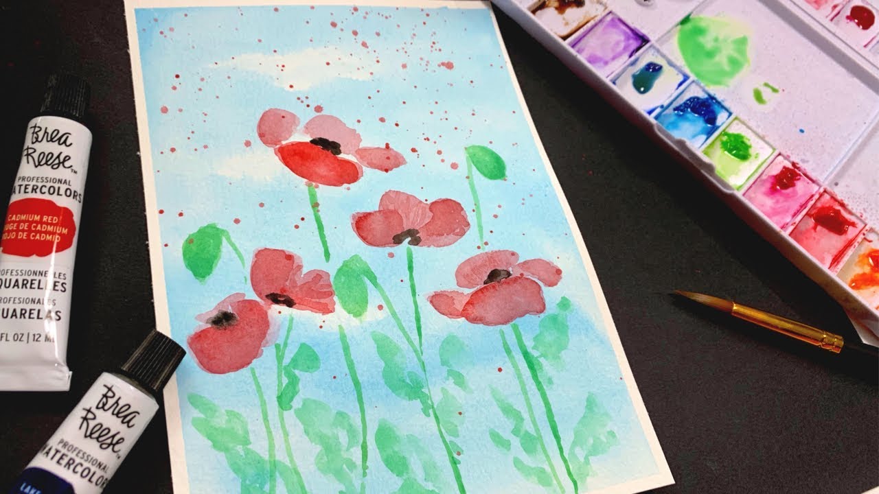 Brea Reese How to Use Watercolor Paint Tubes : Beginners Poppy Painting 