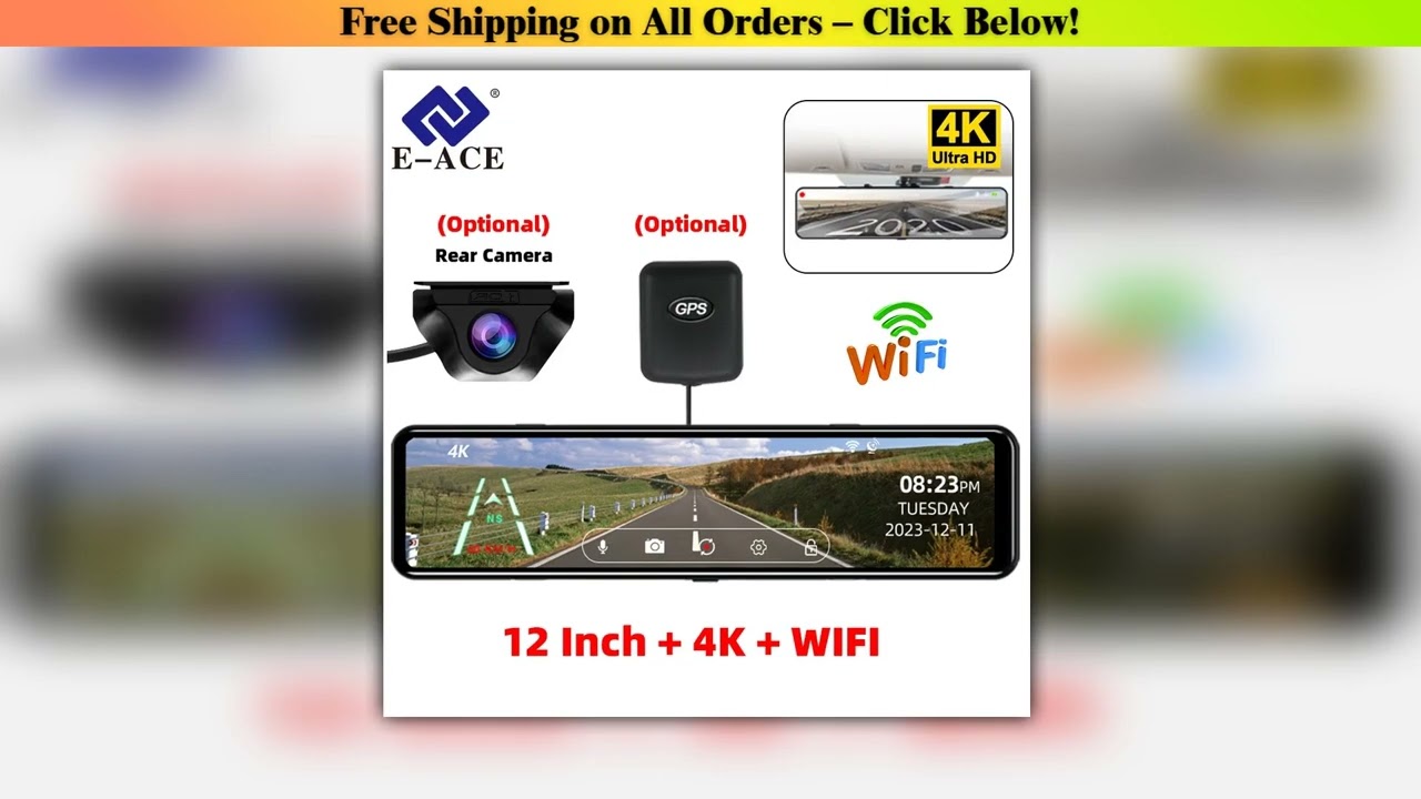 4K Rearview Mirror Car DVR Recorder Support GPS WiFi 12 Inch Touch Screen HD Night Vision Optional