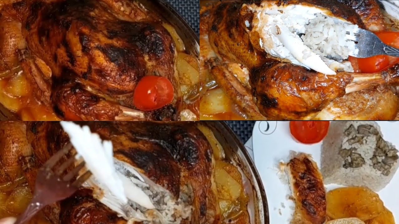 فرخه محشية بدون سلق ولا كيس حرارة بالبطاطس فى الفرن اكله متكمله فى صنيه واحده