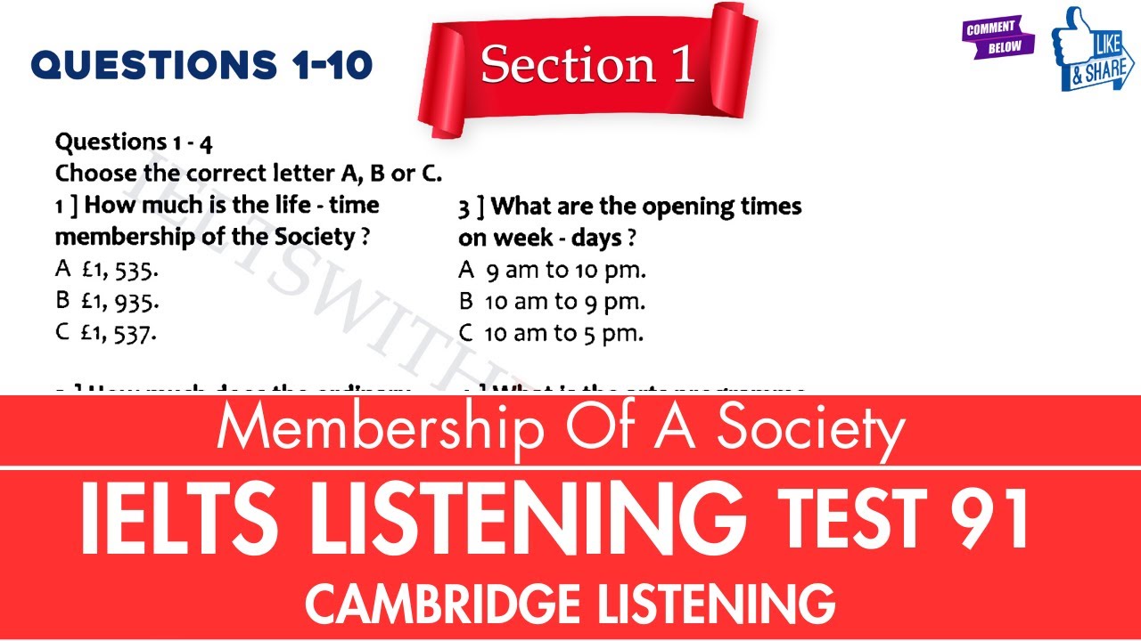 Practice IELTS Listening Test 91 (Membership Of A Society