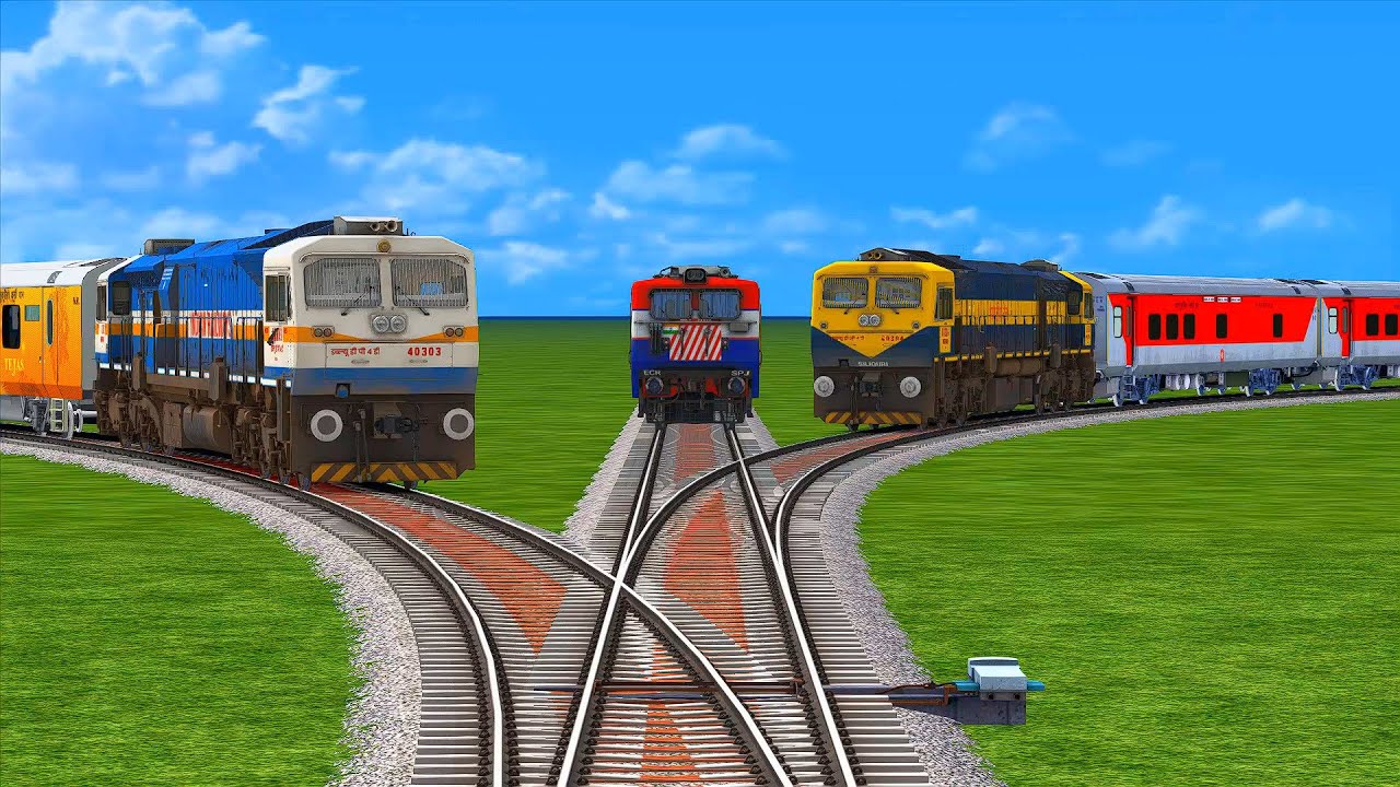 3 Trains Crossing On Crazy Forked Untidy Railroad Crossing | Bumpy Forked Diamond Tracks 