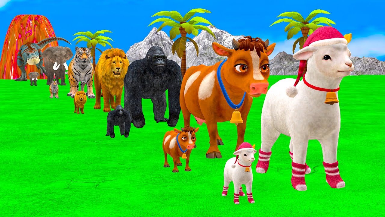 Long Slide Game With Cow Elephant Gorilla Hippopotamus Tiger - 3d Animal Game - Funny 3d Animals
