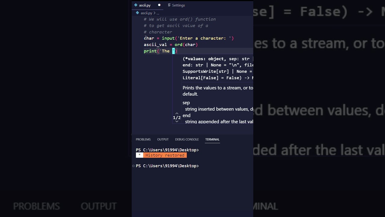 Find ASCII value of a character #python #shortsvideo #shortsfeed #shorts #viral #trending #coding 