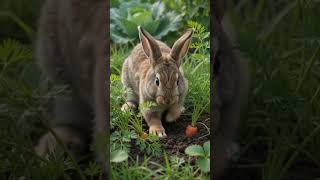 A rabbit running through a green meadow , natural camera tracking shot and eating carrot