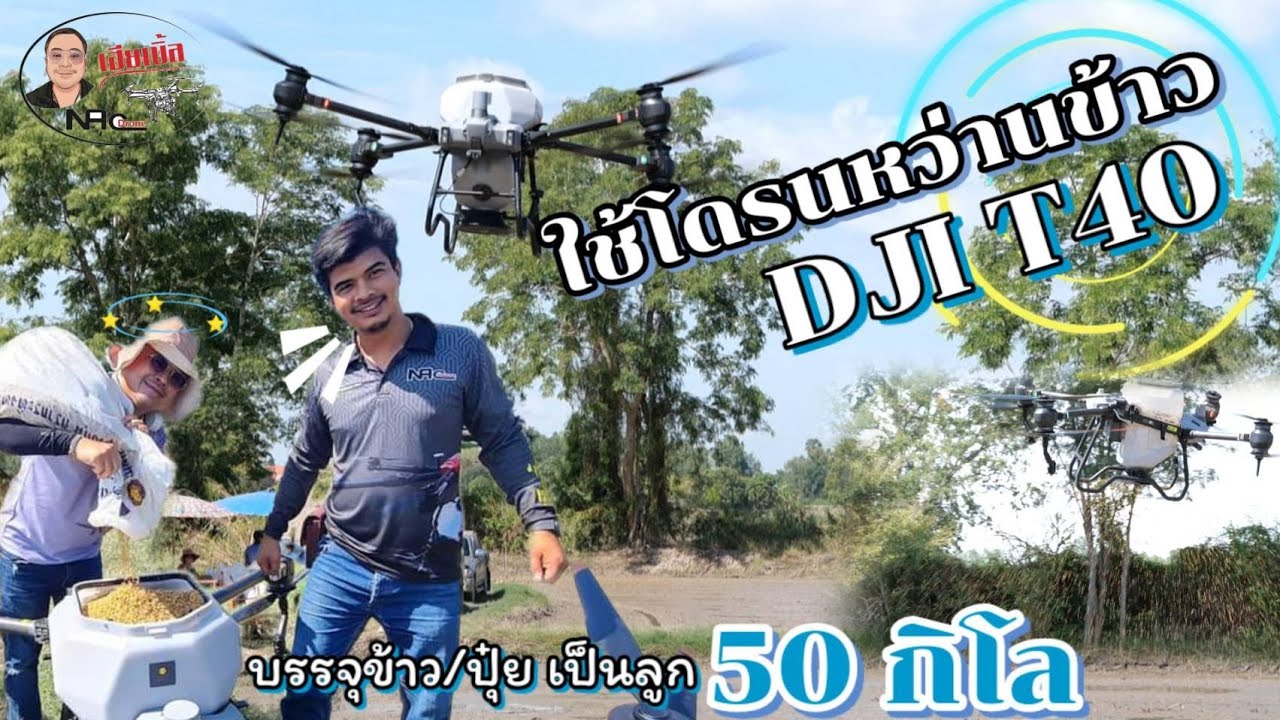 ใช้โดรนหว่านข้าว DJI T40  แบกข้าว แบกปุ๋ยได้ทีล่ะ 50 กิโลกรัม  มาดูกันว่าเสมอขนาดไหน