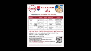 🔥🔥 Walk-in Drive | #Goa | Oct 12th | Hetero Pharma | Hiring Production/QC Roles #Bangalore/Hyderabad