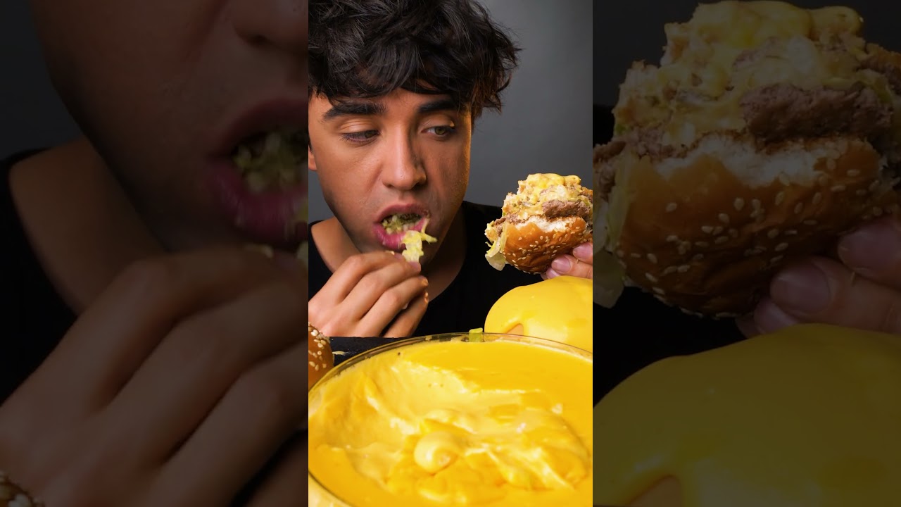 ASMR Eating EXTRA CHEESE SAUCE on BURGERS from McDonalds