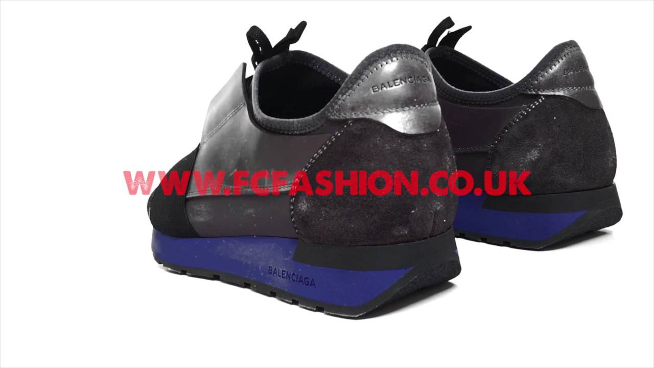 Balenciaga Mens Race Runner Sneakers - Grey with Blue Elastic - YouTube