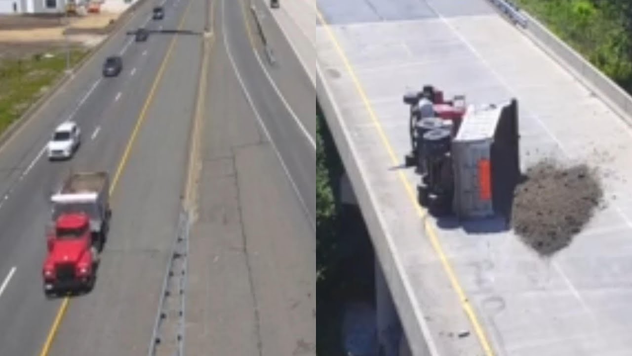 Distracted Dump Truck Driver Hits Guardrail & Flips Rig Off Camera In ...
