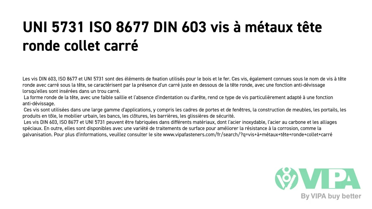 UNI 5731 ISO 8677 DIN 603 vis à métaux tête ronde collet carré
