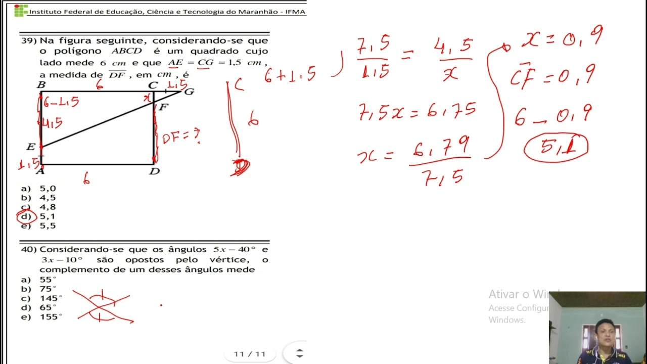 Ifma Questoes 39 E 40 Semelhanca De Triangulo E Angulos Opostos Pelos Vertices Youtube