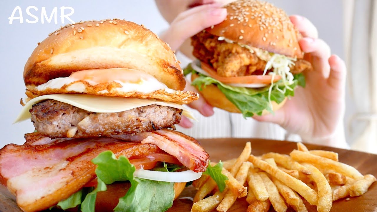 Mukbang 吃播｜炸雞漢堡、培根起司肉排蛋漢堡｜Eating Sounds食べる音｜먹방モッパン｜ASMR｜No Talking｜