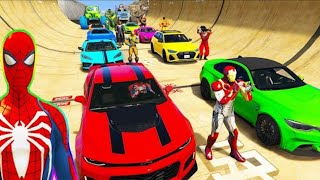 SUPERHERO CARS Race MEGA CITY Ramp challenge! SPAIDERMAN HULK Iron Man JEEP Fire truck Race GTA-5