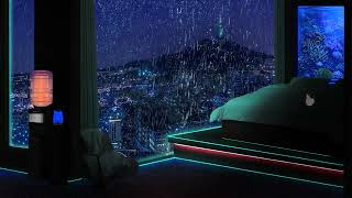 1 Hour Relaxing Rain-Storm in Seoul (Korea) in a Neon Lights Room with an Aquarium & alive cat. ASMR