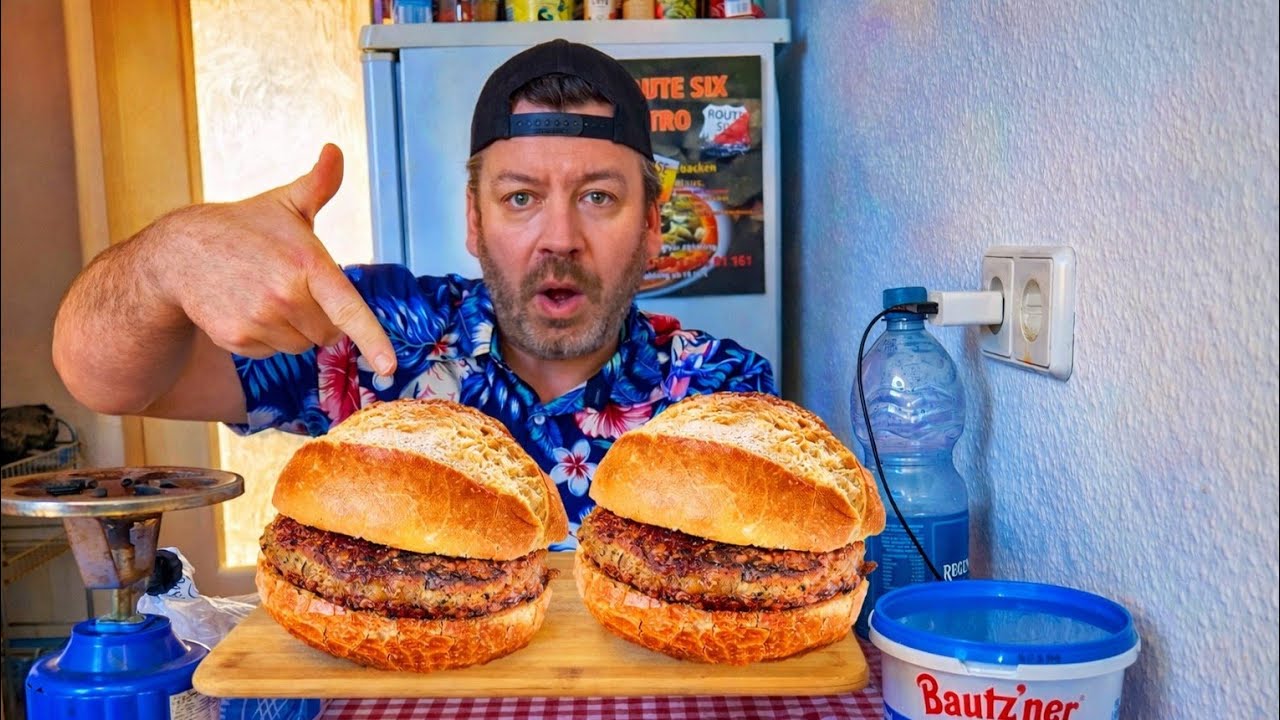 Bulette im Brötchen und Schmorzwiebeln