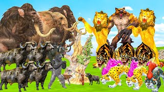 10 giant tigers, 10 giant wolves and 10 bulls Zombie zebra fight Saved by Woolly Mammoth