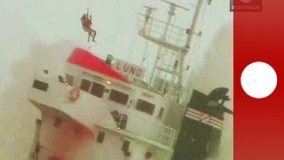 Daring helicopter rescue: crew saved after cargo ship splits in two in France