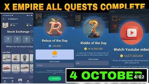 4-5 October All Quests Code X Empire | Youtube Video Code | Rebus Of The Day | InvestmentFund Card