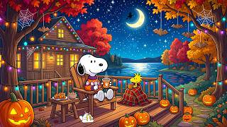 Warm Autumn Cabin Deck with Snoopy 🎃✨ Soft Halloween Jazz Tunes for Studying, Working & Focusing