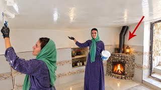 Mother Negar Transforms Her Cave Home with a Stunning White Ceiling & Warm Fireplace 🔥🏡 screenshot 4