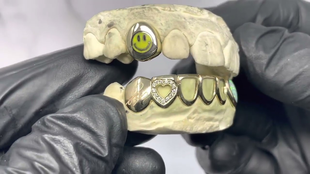 Custom Bottom 6 Grillz w Opal Fang, Open Faces, Heart Cut Out w Diamond Outline & Engraving on Fang
