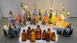 Christmas House Lamps Using miniature Bottle. Snowy Christmas Village DIY