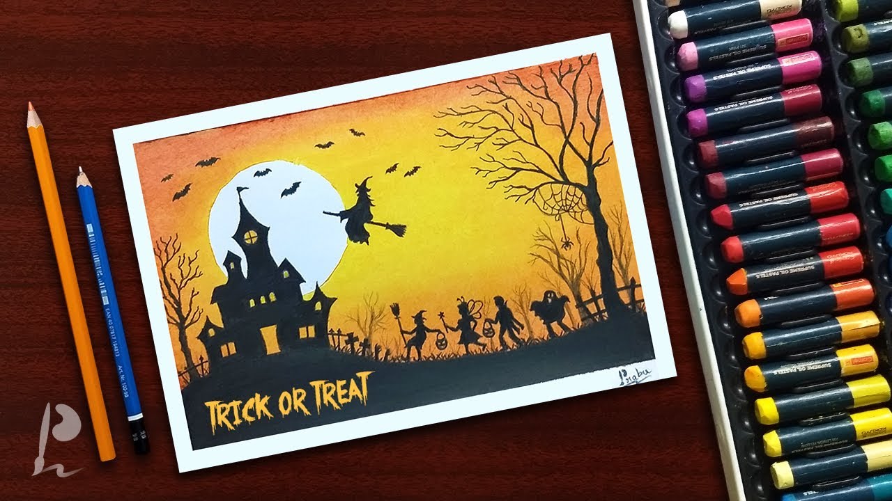 Halloween Trick or Treat Drawing with Oil Pastels | PrabuDbz Art - YouTube
