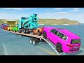 Triple Flatbed Trailer McQueenTransportation with Truck - Speedbumps vs Cars vs Train - BeamNG #