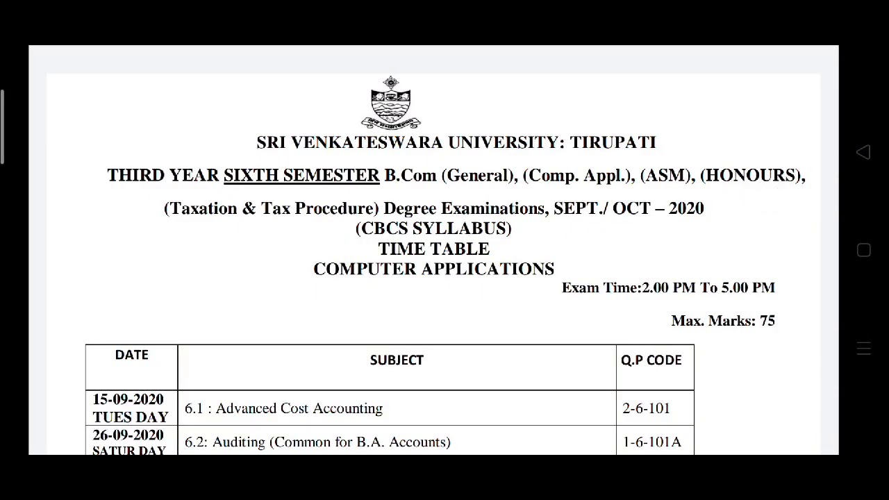 SV UNIVERSITY BSC BCOM(G),BCOM(COMPUTERS) DEGREE EXAMS TIMETABLE SEPTEMBER 2020