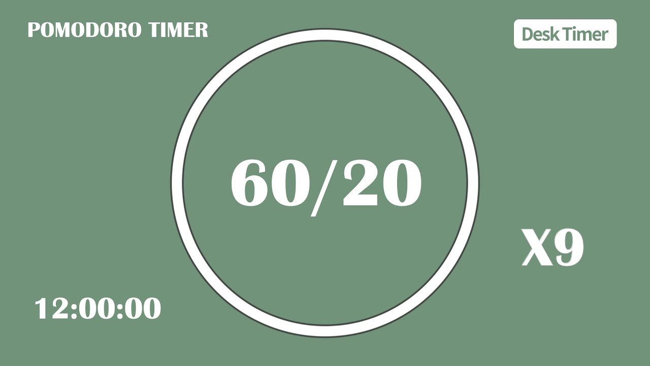 Pomodoro Timer 60/20⏰ [ X9 ] 12:00:00 | (No Music, Color ver ...