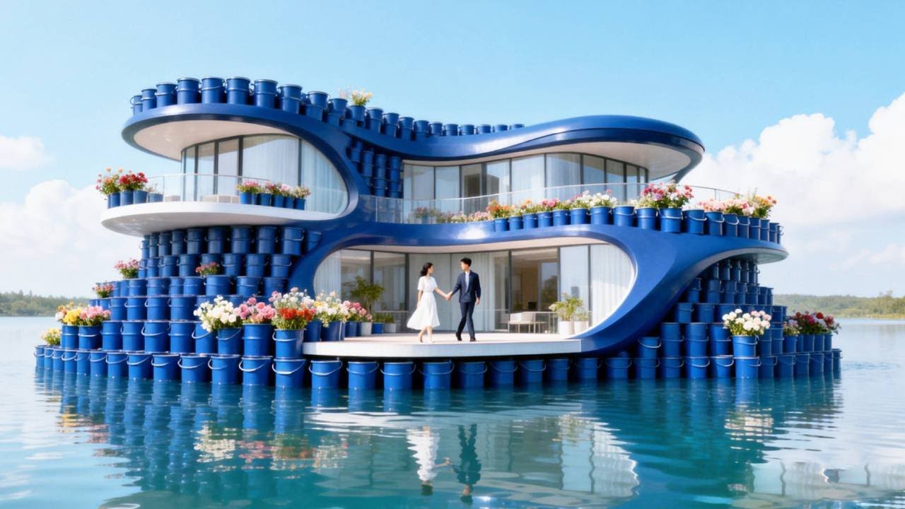 A brilliant team built a villa in the middle of a lake in 60 days using the cheapest buckets.