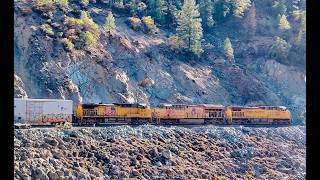 UNION PACIFIC manifest heading west along Feather river before Tobin bridges on a Fall afternoon