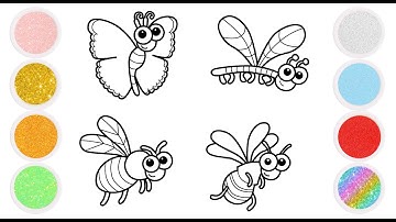 Vẽ và tô màu Bướm, Chuồn chuồn, Ong |Glitter Butterfly, Dragonfly, Bee Drawing and Coloring| XuNa TV